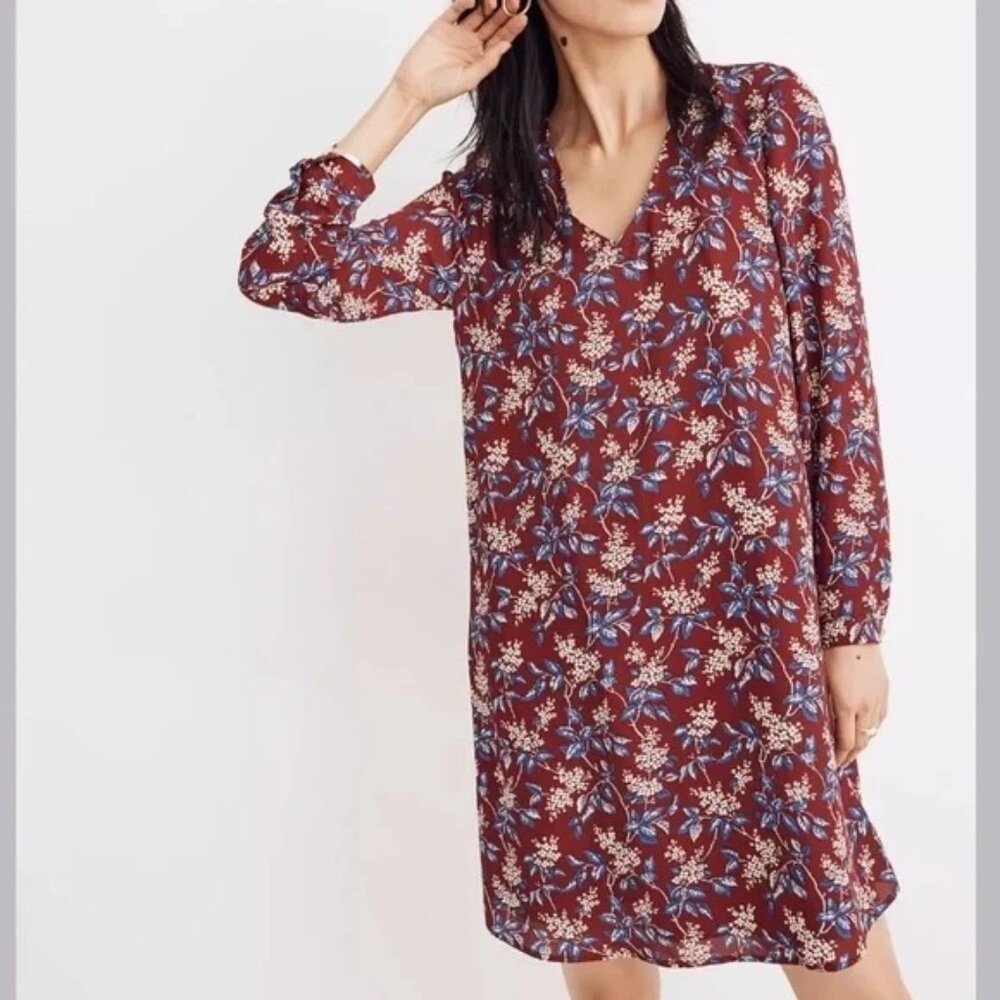 Madewell Red Floral Button Back Dress M V Neck Long Sleeve Lined Floral